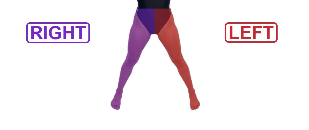 Right leg purple, left leg red